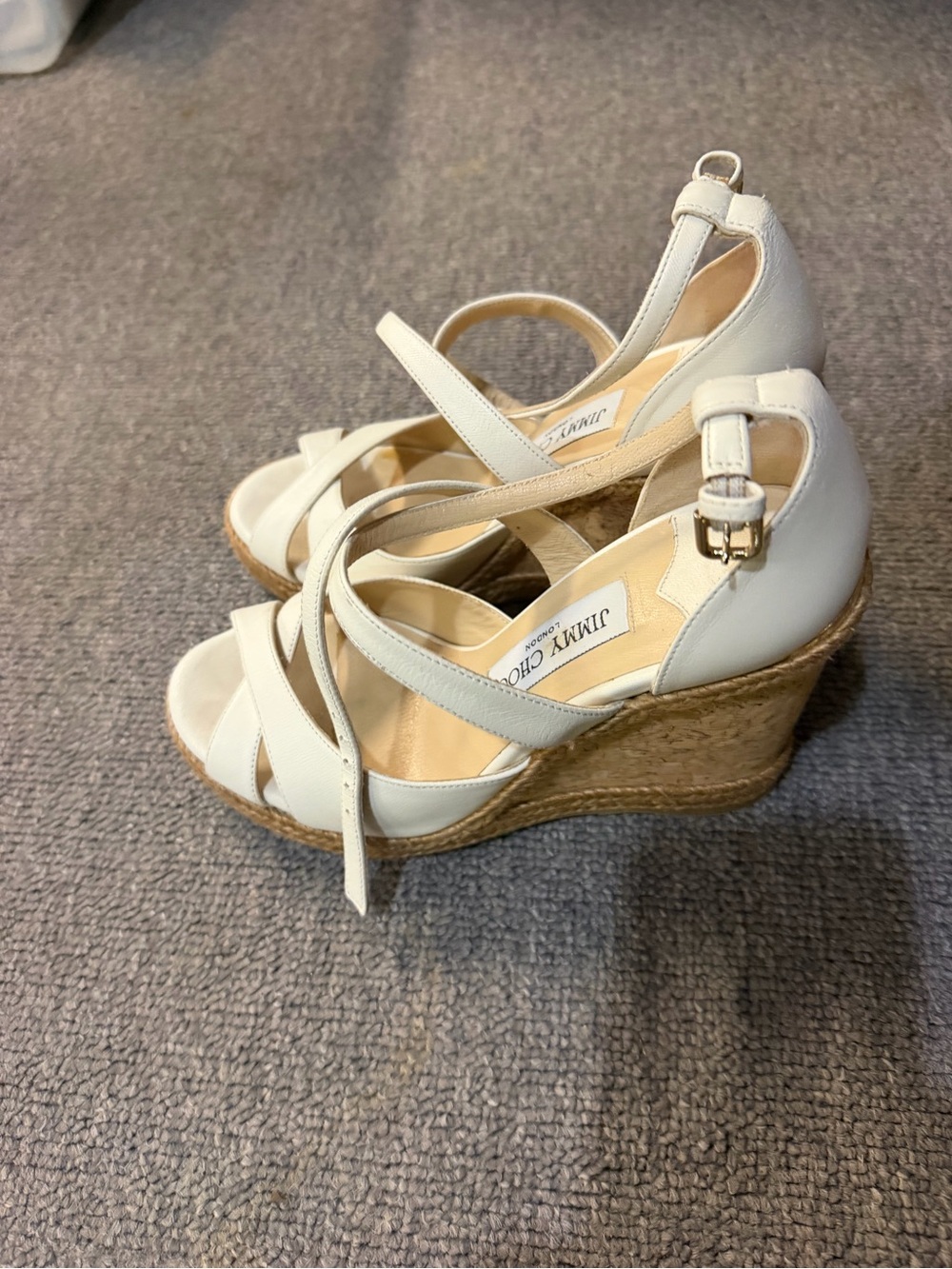 Jimmy Choo Cream Leather Espadrille Wedge Sandals